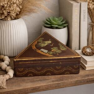 Vintage Chinese Triangular Shaped Leather Over Wood Wedding Box Cranes Tree